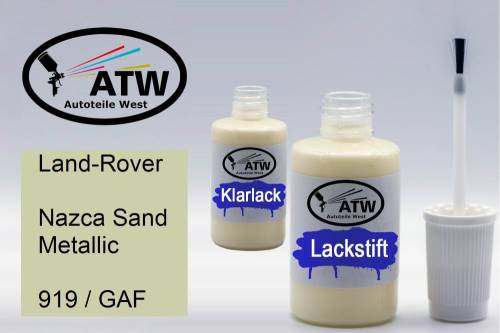 Land-Rover, Nazca Sand Metallic, 919 / GAF: 20ml Lackstift + 20ml Klarlack - Set, von ATW Autoteile West.